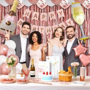 RUBFAC 248pcs Rose Gold Birthday Party Decorations Kit for Women Girls, Happy Birthday Banners, Balloons, Tablecloth, Table Runner, Sash, Tiara, Plates, Cups, Napkins Straws Party Supplies