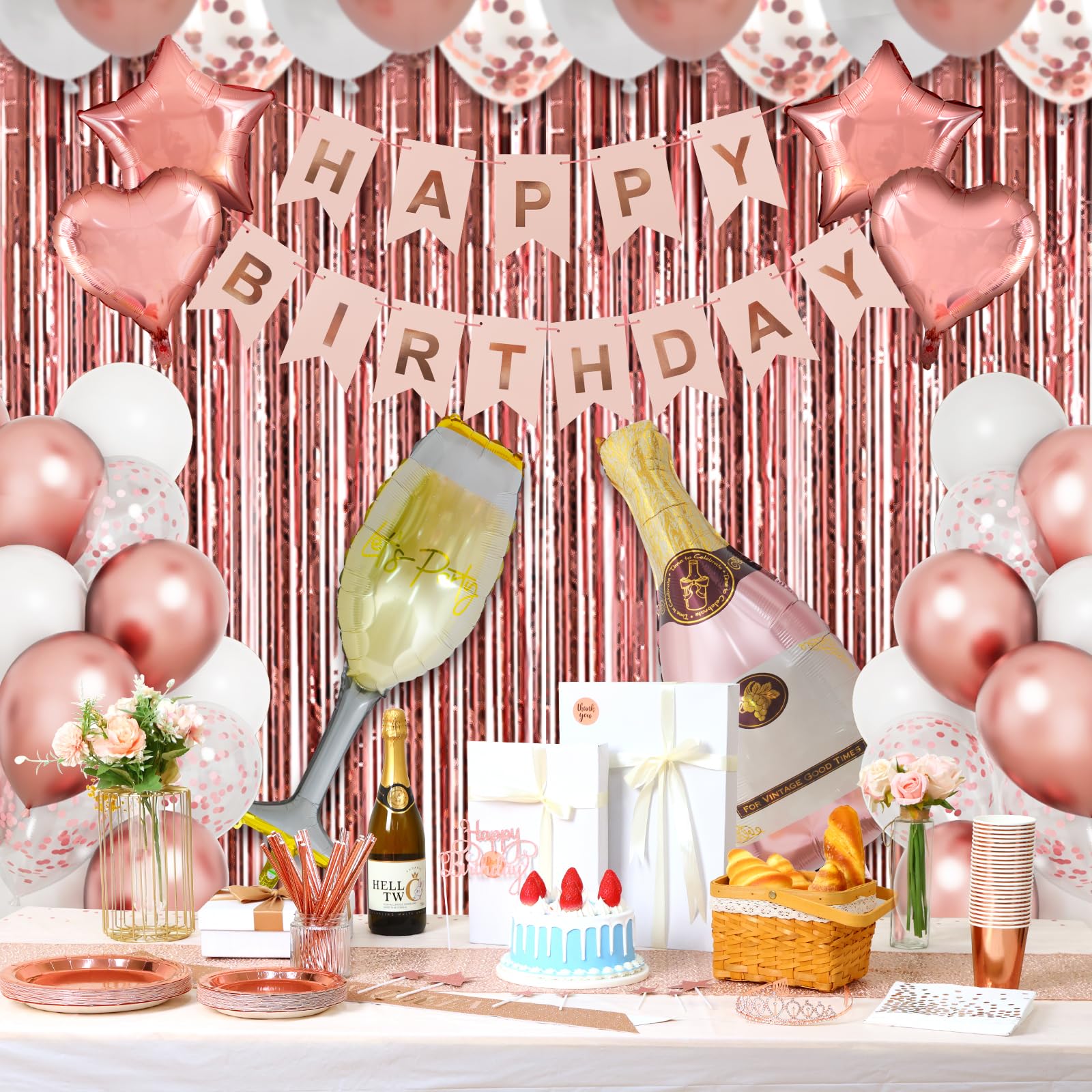 RUBFAC 248pcs Rose Gold Birthday Party Decorations Kit for Women Girls, Happy Birthday Banners, Balloons, Tablecloth, Table Runner, Sash, Tiara, Plates, Cups, Napkins Straws Party Supplies