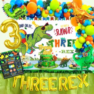 three rex birthday party decorations boy, dinosaur 3rd birthday party decorations supplies,3 rex birthday party with 3 rex birthday backdrop dinosaur balloons kit for 3rd birthday decorations for boys