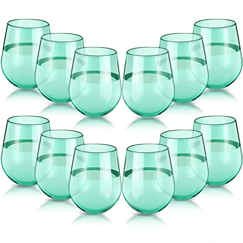 Zubebe 12 Pack 15oz Plastic Stemless Wine Glasses Bulk Colored Unbreakable Reusable Wine Glasses Shatterproof Drinking Glasses Drinkware for Indoor Outdoor Dining Wine Supplies (Green)