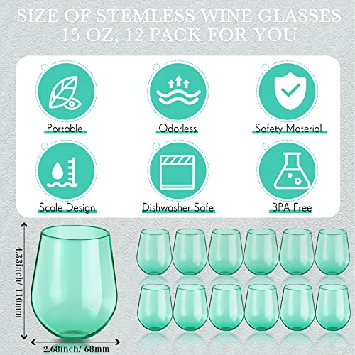Zubebe 12 Pack 15oz Plastic Stemless Wine Glasses Bulk Colored Unbreakable Reusable Wine Glasses Shatterproof Drinking Glasses Drinkware for Indoor Outdoor Dining Wine Supplies (Green)