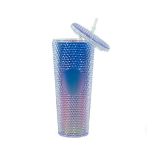 24oz Studded Cold Tumbler with lid and straw,Studded Blue Tumbler,BPA-FREE Studded Straw Cups with Lids and Straws for Beverages,Jeweled Tumbler with Lid and Straw (Rainbow Blue)