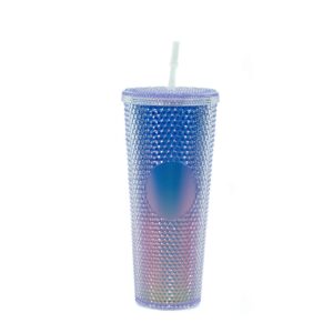 24oz Studded Cold Tumbler with lid and straw,Studded Blue Tumbler,BPA-FREE Studded Straw Cups with Lids and Straws for Beverages,Jeweled Tumbler with Lid and Straw (Rainbow Blue)