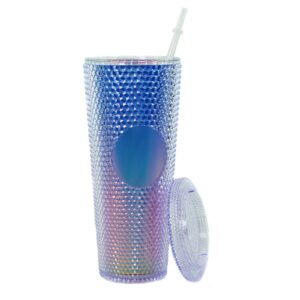 24oz Studded Cold Tumbler with lid and straw,Studded Blue Tumbler,BPA-FREE Studded Straw Cups with Lids and Straws for Beverages,Jeweled Tumbler with Lid and Straw (Rainbow Blue)