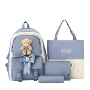 lokkcy kawaii backpack 4pcs set with cute plush pendants & badge,japanese school bag and backpack for girls 10-12(blue)