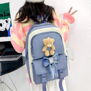 Lokkcy Kawaii Backpack 4Pcs Set with cute plush Pendants & Badge,Japanese School Bag and Backpack for Girls 10-12(Blue)