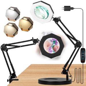 10x magnifying glass with light hand free, hitti 3 color stepless dimmable magnifying lamp, 2-in-1 led lighted deak lamp & clamp, magnifier with light and stand for craft hobby reading close workbench
