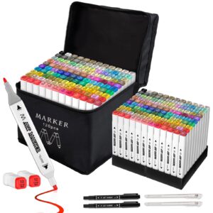 banral 120 colors alcohol markers, dual tip alcohol based art markers set pens for artists kids adults, permanent drawing markers for adult coloring sketching illustration with case and holders