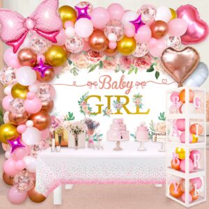 winrayk 145pcs baby shower decorations for girl baby boxes with letters (baby girl+a-z) & rose gold pink balloon arch & backdrop tablecloth & bowtie heart balloon princess girl baby shower decorations