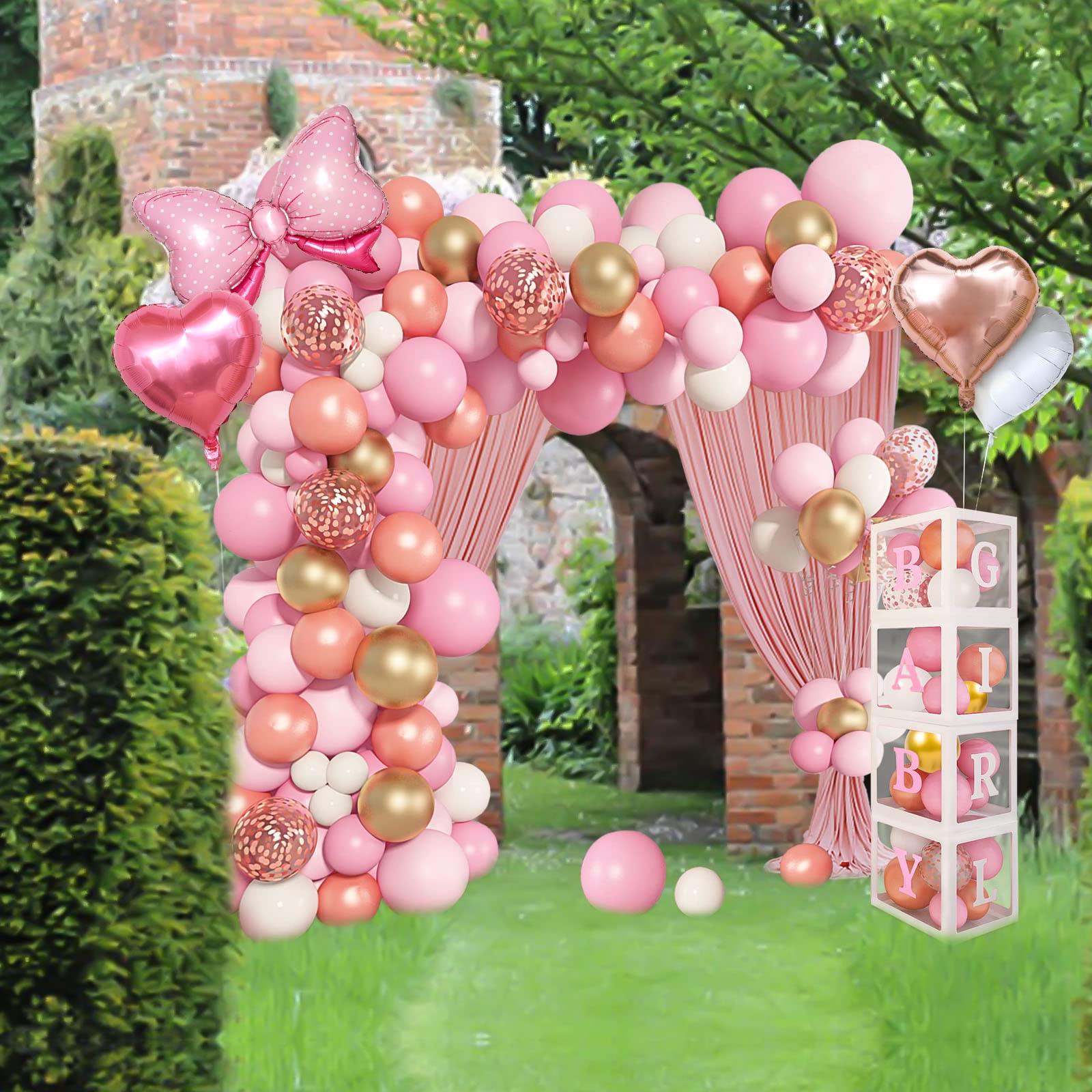 Winrayk 145Pcs Baby Shower Decorations for Girl Baby Boxes with Letters (Baby Girl+A-Z) & Rose Gold Pink Balloon Arch & Backdrop Tablecloth & Bowtie Heart Balloon Princess Girl Baby Shower Decorations