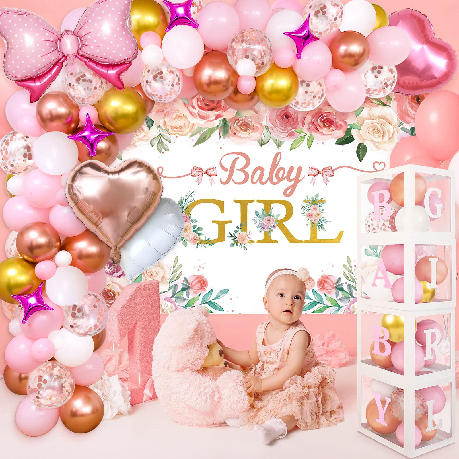 Winrayk 145Pcs Baby Shower Decorations for Girl Baby Boxes with Letters (Baby Girl+A-Z) & Rose Gold Pink Balloon Arch & Backdrop Tablecloth & Bowtie Heart Balloon Princess Girl Baby Shower Decorations