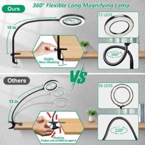 HITTI 10X Large Lens Magnifying Glass with Light and Clamp, 3 Color Modes Stepless Dimmable Lighted Magnifying Lamp, Flexible Gooseneck LED Magnifier with Light for Craft Hobby Painting Close Work