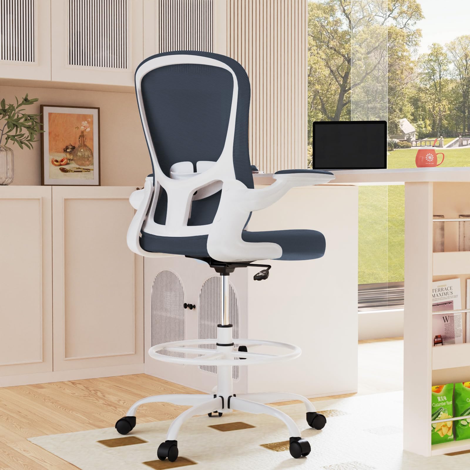 Drafting Chair, Tall Office Chair with Flip-up Armrests Executive Ergonomic Computer Standing Desk Chair, Office Drafting Chair with Lumbar Support and Adjustable Footrest Ring