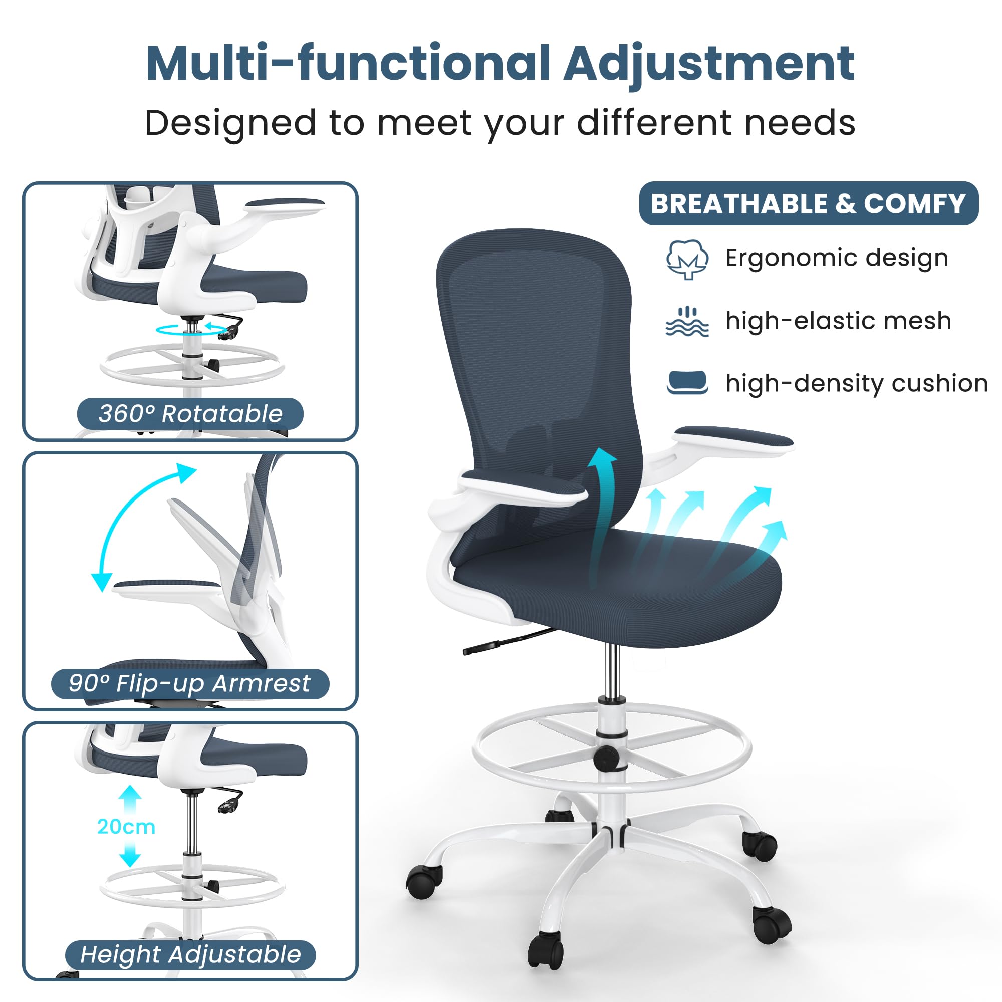 Drafting Chair, Tall Office Chair with Flip-up Armrests Executive Ergonomic Computer Standing Desk Chair, Office Drafting Chair with Lumbar Support and Adjustable Footrest Ring