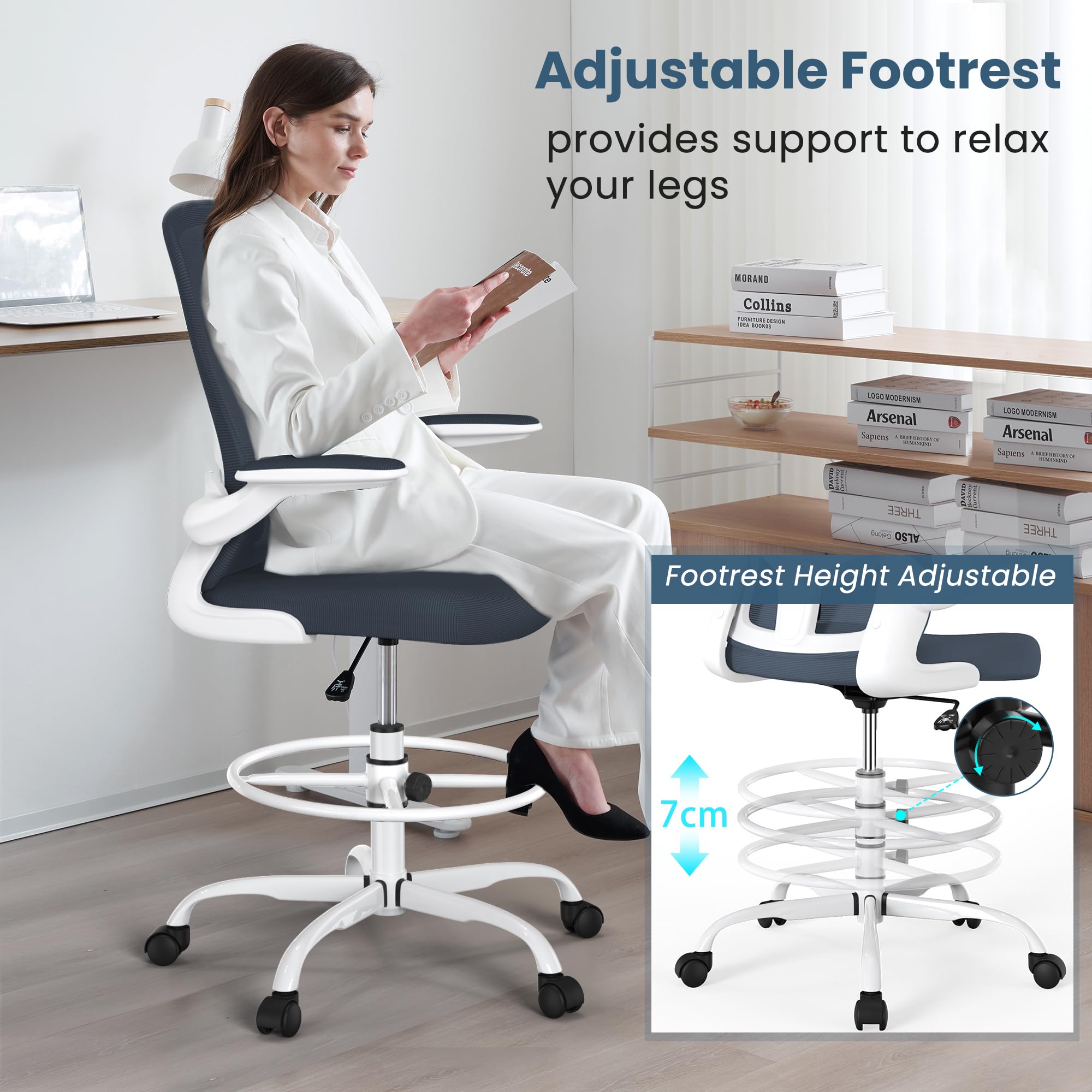Drafting Chair, Tall Office Chair with Flip-up Armrests Executive Ergonomic Computer Standing Desk Chair, Office Drafting Chair with Lumbar Support and Adjustable Footrest Ring