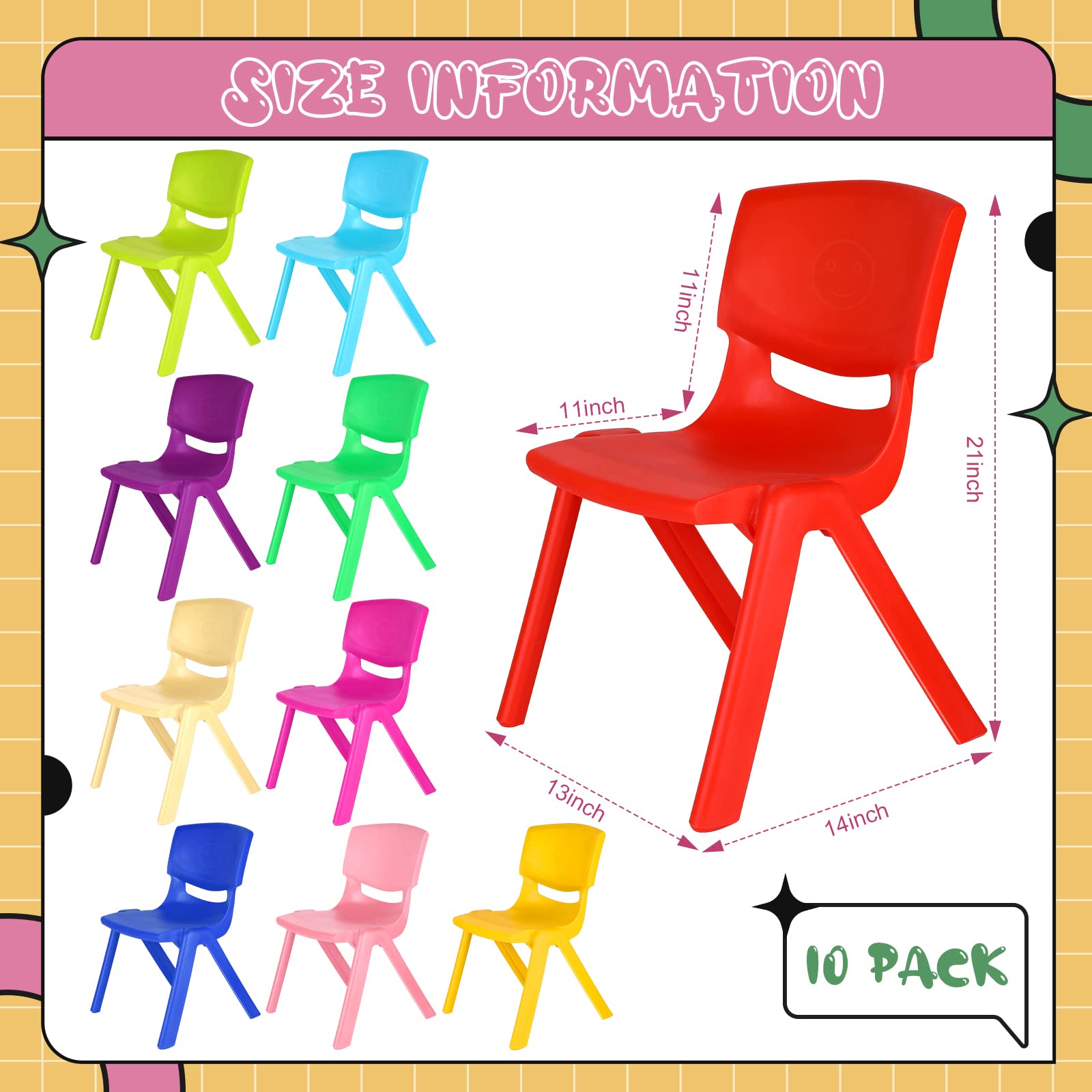 FairySandy 10 Pcs School Chairs Stackable 11 Inch Plastic Preschool Chairs Classroom Stack Seating Chairs for Kids Children Student Toddler Home Learning Daycare Center Office Supplies, 10 Colors
