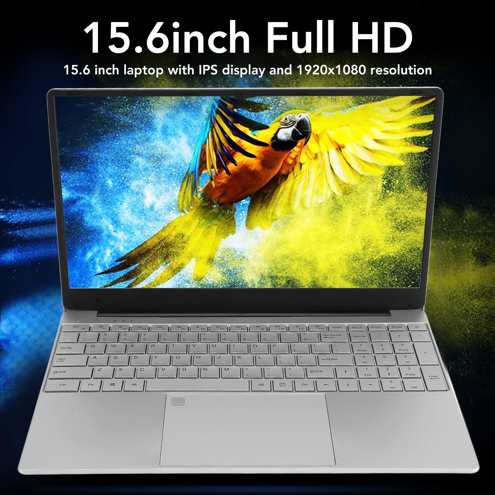 Acogedor 15.6in Laptop for Windows 10 12GB 256GB 4 Cores 4 Threads Fingerprint Unlock Laptop with Backlit Keyboard 100‑240V Silver for Windows 10