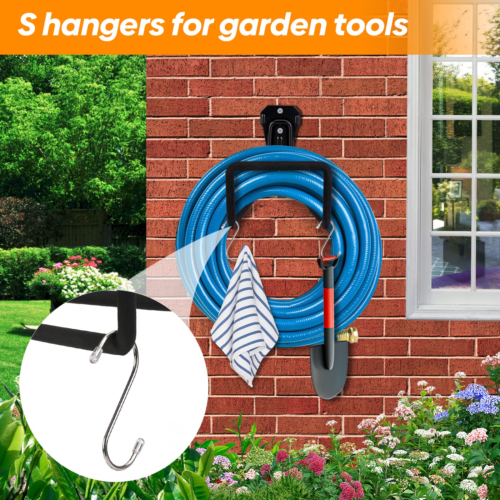 BoArt Metal Garden Hose Holder, Heavy Duty Metal Hose Hanger Wall Mount with 6 Screw, 6 Drywall Anchors, 5 Large Metal S Hook for Garden Hose, Hose Reel, Water Hose, Flexable Hose