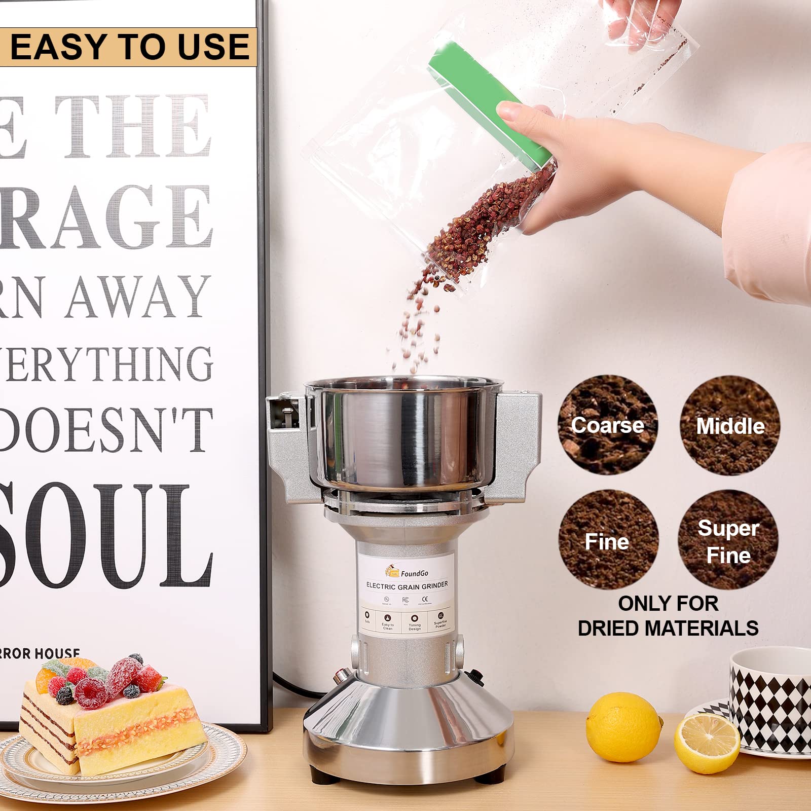 FoundGo 500g Grain Mill Electric Grinder Cereals Pulverizer Spice Grinding Powder Machine Corn Flour Grinders for Dry Spices Seeds Herbs Grains Coffee Rice Pepper, Commercial Grade