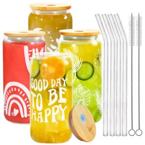 veecom glass cups with lids and straws, 4pcs set boho printed drinking glasses with bamboo lids, 16oz iced coffee cup with lids, cute glass coffee cups tumbler for coffee, smoothie, boba