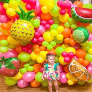 Fruit Balloon Garland Arch Kit Pink Rose Red Yellow Green Orange Balloons with Watermelon strawberry Pineapple Lemon Orange Foil Balloons for Twotti Fruity Party Decorations Sweet Birthday Party
