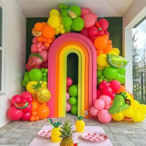 Fruit Balloon Garland Arch Kit Pink Rose Red Yellow Green Orange Balloons with Watermelon strawberry Pineapple Lemon Orange Foil Balloons for Twotti Fruity Party Decorations Sweet Birthday Party