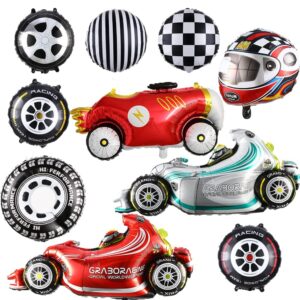 race car balloons 10pcs motor speedy race car,helmet checkered balloons and wheel tire balloons for boys two fast birthday party decorations