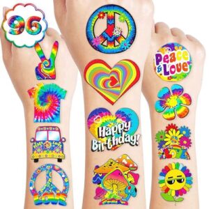 8 sheets (96pcs) 60s temporary tattoos theme tie dye hippie birthday party decorations favors supplies stickers for adults kids gifts classroom school prizes rewards