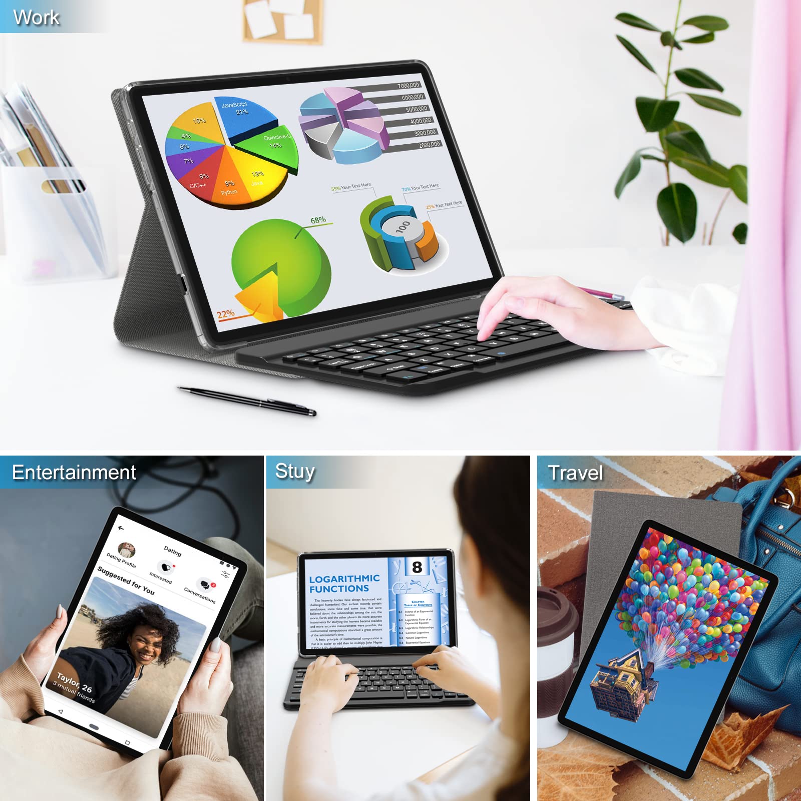 FESABOLE 2024 Newest 2 in 1 Tablet 10 inch Tablet 128GB Storage 1TB Expand Octa- Core Android Tablet Main13MP 5G WiFi Tablet IPS FHD with Stylus Keyboard