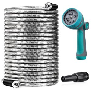 loohuu metal garden hose 50ft - stainless steel heavy duty water hose with 10 function nozzle - flexible, no kink, puncture proof,large diameter hose for yard, outdoors
