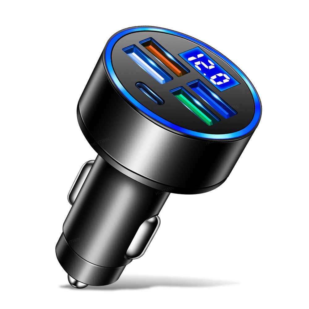 5 Port USB Car Charger(4USB+Type C) Compact Fast Charger Cigarette Lighter Adapter with LED&Voltage Monitor, Compatible with iPhone 14/Pro MacBook, iPad Pro/Air, Galaxy All Smart Phone(1Pcs