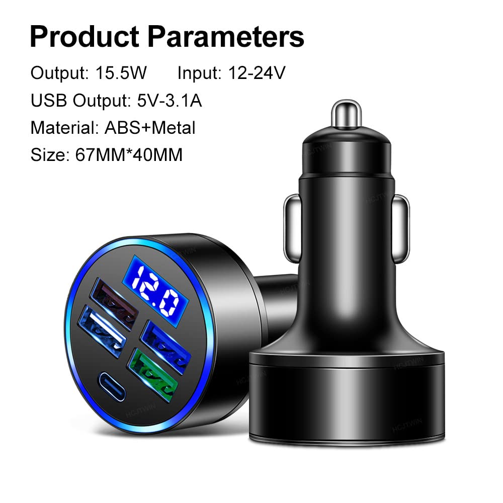 5 Port USB Car Charger(4USB+Type C) Compact Fast Charger Cigarette Lighter Adapter with LED&Voltage Monitor, Compatible with iPhone 14/Pro MacBook, iPad Pro/Air, Galaxy All Smart Phone(1Pcs