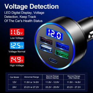 5 Port USB Car Charger(4USB+Type C) Compact Fast Charger Cigarette Lighter Adapter with LED&Voltage Monitor, Compatible with iPhone 14/Pro MacBook, iPad Pro/Air, Galaxy All Smart Phone(1Pcs