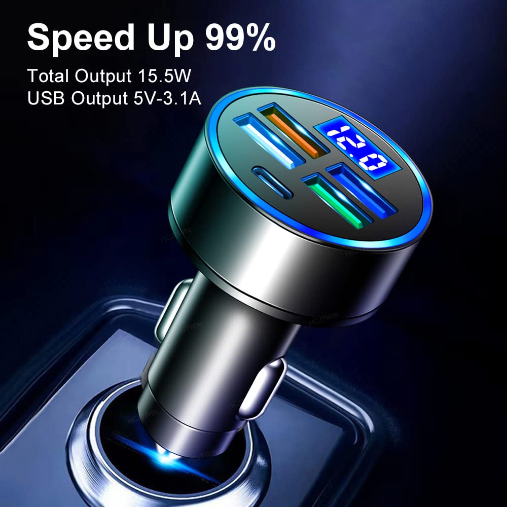 5 Port USB Car Charger(4USB+Type C) Compact Fast Charger Cigarette Lighter Adapter with LED&Voltage Monitor, Compatible with iPhone 14/Pro MacBook, iPad Pro/Air, Galaxy All Smart Phone(1Pcs