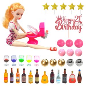 36 pcs mini wine bottles cake toppers with 12 mini wine bottles 5 mini wine glasses 1toilet toy 1 beauty doll 21st birthday cake topper for celebrating birthday girl party (pink)