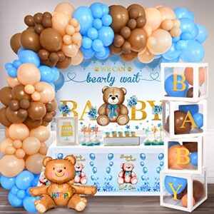 winrayk 179pcs teddy bear baby shower decorations boy baby boxes with letters brown blue balloon arch kit we can bearly wait backdrop tablecloth bear balloon birthday party boy baby shower decorations