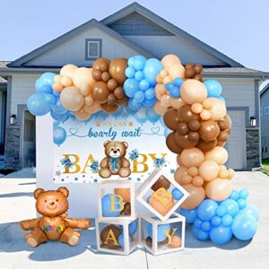 Winrayk 179Pcs Teddy Bear Baby Shower Decorations Boy Baby Boxes with Letters Brown Blue Balloon Arch Kit We Can Bearly Wait Backdrop Tablecloth Bear Balloon Birthday Party Boy Baby Shower Decorations