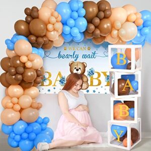 Winrayk 179Pcs Teddy Bear Baby Shower Decorations Boy Baby Boxes with Letters Brown Blue Balloon Arch Kit We Can Bearly Wait Backdrop Tablecloth Bear Balloon Birthday Party Boy Baby Shower Decorations