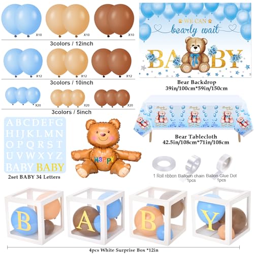 Winrayk 179Pcs Teddy Bear Baby Shower Decorations Boy Baby Boxes with Letters Brown Blue Balloon Arch Kit We Can Bearly Wait Backdrop Tablecloth Bear Balloon Birthday Party Boy Baby Shower Decorations