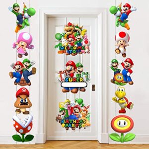 13pcs bros. door sign banner birthday party decoration, bros hanging porch signs, video game party supplies for outdoor indoor decorations favors