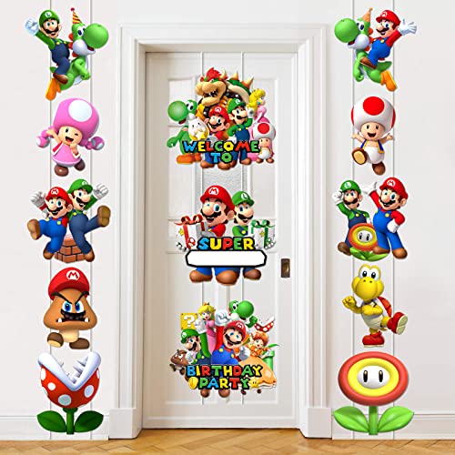 13Pcs Bros. Door Sign Banner Birthday Party Decoration, Bros Hanging Porch Signs, Video Game Party Supplies for Outdoor Indoor Decorations Favors