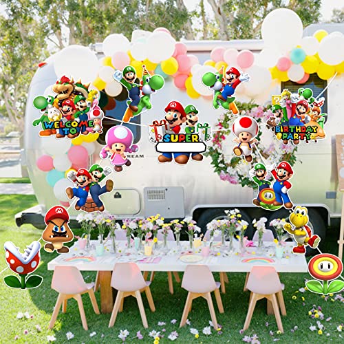 13Pcs Bros. Door Sign Banner Birthday Party Decoration, Bros Hanging Porch Signs, Video Game Party Supplies for Outdoor Indoor Decorations Favors