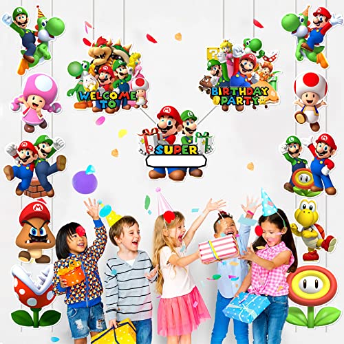 13Pcs Bros. Door Sign Banner Birthday Party Decoration, Bros Hanging Porch Signs, Video Game Party Supplies for Outdoor Indoor Decorations Favors