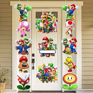 13Pcs Bros. Door Sign Banner Birthday Party Decoration, Bros Hanging Porch Signs, Video Game Party Supplies for Outdoor Indoor Decorations Favors