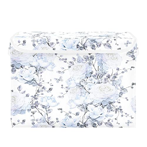 Storage Basket Light Blue Flowers Storage Boxes with Lids and Handle, Large Storage Cube Bin Collapsible for Shelves Closet Bedroom Living Room, 16.5x12.6x11.8 In