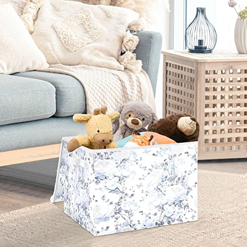 Storage Basket Light Blue Flowers Storage Boxes with Lids and Handle, Large Storage Cube Bin Collapsible for Shelves Closet Bedroom Living Room, 16.5x12.6x11.8 In