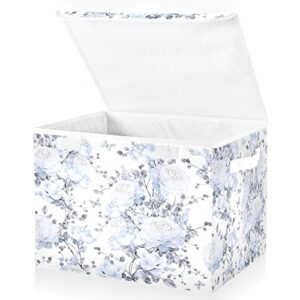 Storage Basket Light Blue Flowers Storage Boxes with Lids and Handle, Large Storage Cube Bin Collapsible for Shelves Closet Bedroom Living Room, 16.5x12.6x11.8 In