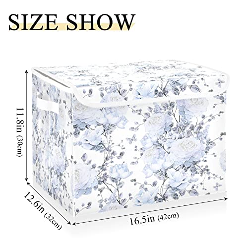 Storage Basket Light Blue Flowers Storage Boxes with Lids and Handle, Large Storage Cube Bin Collapsible for Shelves Closet Bedroom Living Room, 16.5x12.6x11.8 In