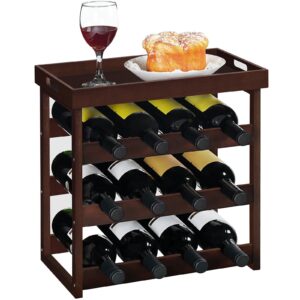 hoobro bamboo wine rack, wine storage cabinet shelf with detachable tray, 3 tiers 12-bottle wine rack countertop, wine bottle holder stand for kitchen, dining room, pantry, brown br23jj01