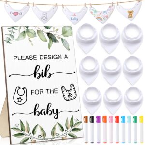 qunclay 36 pcs baby bibs baby shower game set baby bib design 25 pcs white blank baby bibs feeder bibs for baby, 1 pcs wooden bib sign, 10 pcs fabric markers diy baby gift for gender reveal